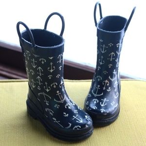 Navy Blue Nautical Themed Toddler Rain Boots 5/6